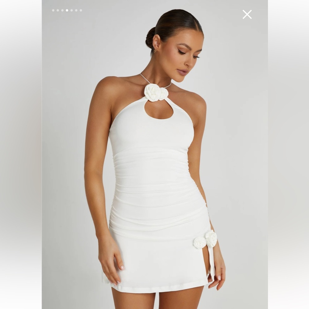 Meshki Adeline rose halter white mini dress